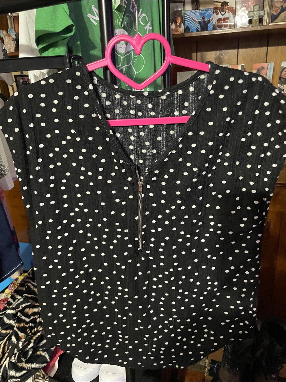 Women’s Black Polka Dot Zip Front Blouse